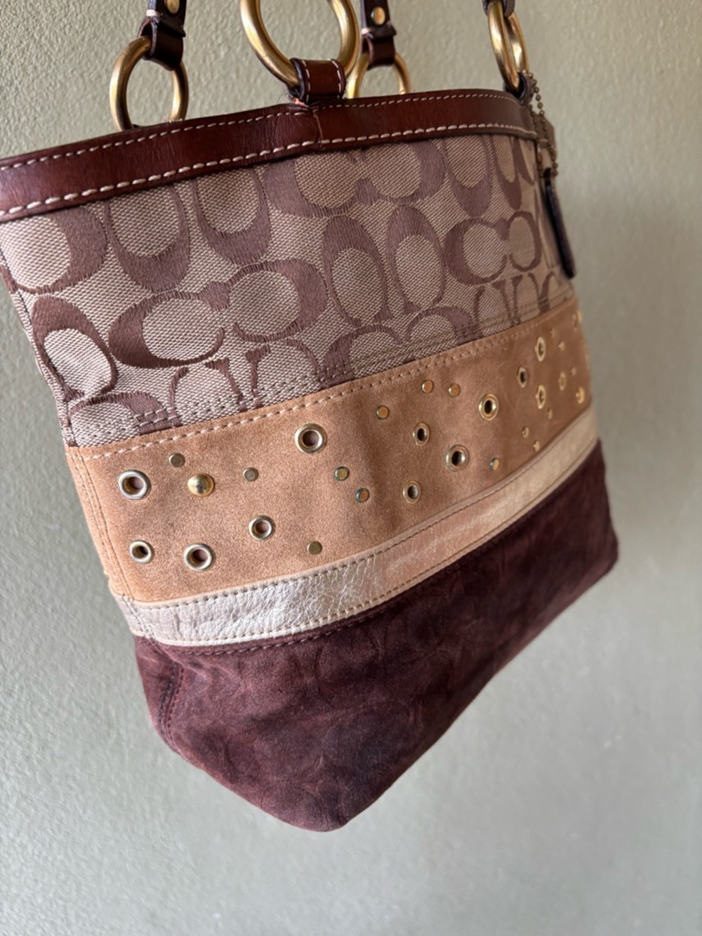 Coach Brown and Gold Signature Canvas Tote with Grommet Trim - Picture 3 of 7